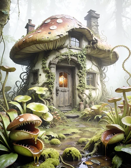 chaotic cottage shaped like a giant mushroom pony