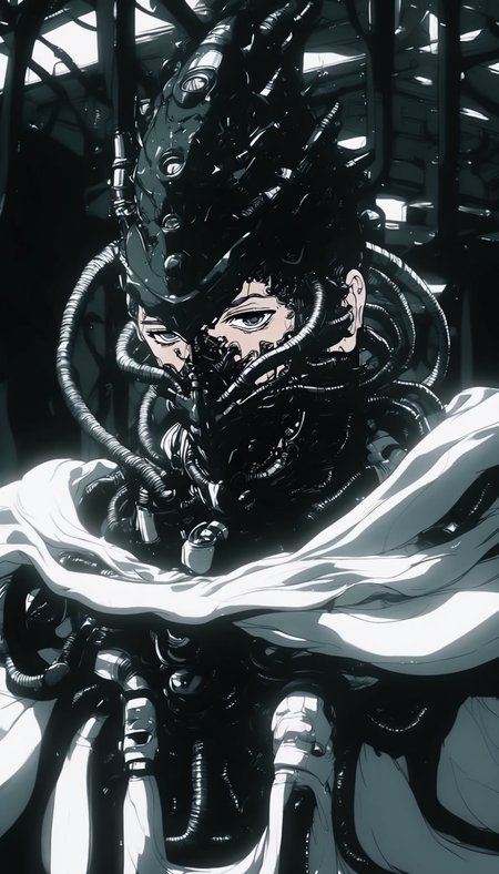 solo, cable, science fiction, tube, wire, looking at viewer, gas mask, 1boy, headgear