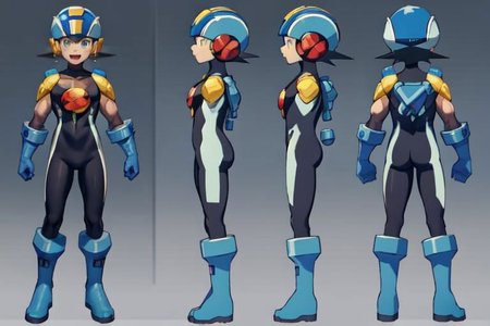 (masterpiece, official art, simple background), best quality, 1boy, solo, chara-sheet, megaman, blue footwear, blue boots, blue headwear, blue helmet, purple bodysuit, covered collarbone, yellow pauldron, full body, blue gloves, green eyes, looking at viewer, male focus, open mouth, smile, solo, standing, muscular, large pectorals, thick thighs