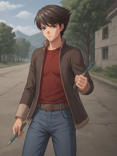 1boy, solo, ethantokiohollo, black hair, swept bangs, blue eyes, jacket, long sleeves, open jacket, popped collar, red shirt, long sleeves, brown belt, jeans, holding, pen, outdoors, serious, cowboy shot,