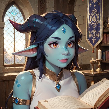 score_9, score_8_up, score_7_up, dragon woman, blue skin, dragon woman, medium breasts, mage robes, adventurer, face focus, dragon wings, close up, indoors, castle interior, banner, window, magic, book, mage  <lora:blue_dragon_lady_06_resized:0.8>