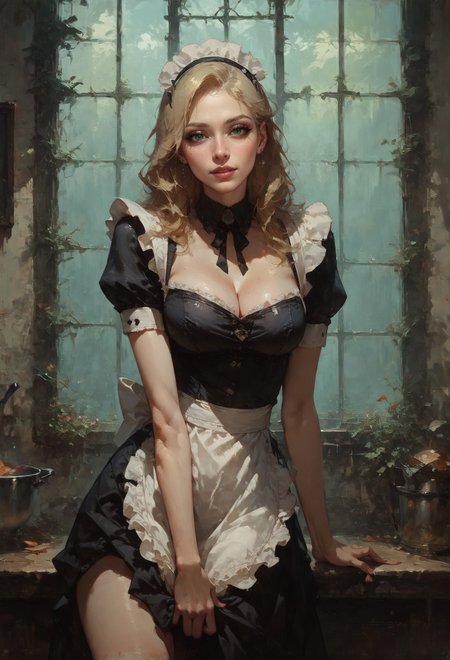 score_9, score_8_up, score_7_up, 1girl,   score_9, score_8_up, score_7_up, 1girl, (solo:1.1), volumetric lighting, pastel colors, looking at viewer, pale skin, white skin, seductive body, long hair, blonde hair, housemaid apron, posing, cleavage, waist, kitchen, thick thighs, large hips, small waist, puffy lips, seductive look, blushing, eyeliner, eyeshadow, eyelashes, housemaid brim   <lora:sdxl\vixon_pony_oil:0.7> d4rk01l, <lora:sdxl\Expressive_H-000001:0.8> expressiveH <lora:sdxl\Concept Art Twilight Style SDXL_LoRA_Pony Diffusion V6 XL:0.8>