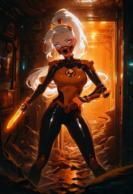 masterpiece, best quality, amazing quality, very aesthetic, absurdres, newest, ((screencap, parody, cartoon))
drewsat, 1girl, long hair, white hair, ponytail, blue eyes, makeup, lipstick, eyeshadow, 
armor,, orange bodysuit
expressive face, 
cyberpunk city, cyberpunk scene, futuristic mouth mask, mouth mask, futuristic mask, orange mask, arm blade, glowing orange blade, dynamic pose, inside room, dark room, messy room,