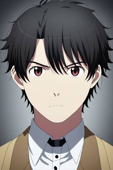 high resolution, solo, best quality, 1Boy, Portrait, Inaho Kaizuka, Black Hair, portrait, looking at viewer, focused gaze forward, upper body, head upright, anger,