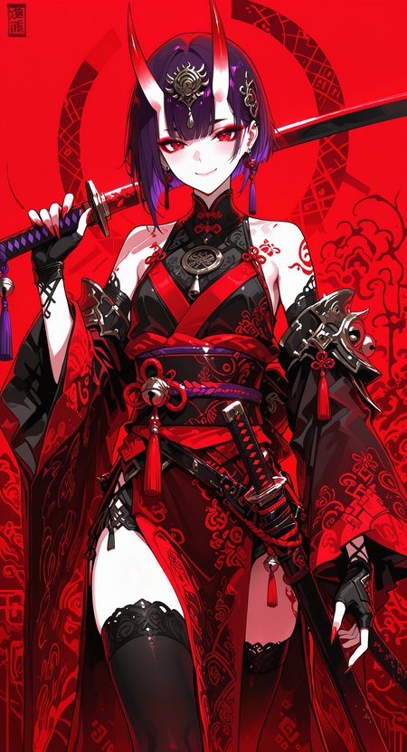 masterpiece, best quality, good quality, very awa, newest, highres, absurdres, 1girl, solo, looking at viewer, smile, short hair, long sleeves, hair ornament, gloves, red eyes, dress, thighhighs, holding, bare shoulders, purple hair, weapon, cowboy shot, earrings, horns, detached sleeves, japanese clothes, black thighhighs, sword, wide sleeves, fingerless gloves, holding weapon, fingernails, sash, makeup, bell, holding sword, chinese clothes, obi, katana, tassel, sheath, red background, sheathed, oni, sharp fingernails, headpiece, eyeliner, over shoulder, red theme, skin-covered horns, weapon over shoulder, patterned, limited palette, h4ra_illu <lora:illustriousXL_stabilizer_v1.23:0.3> <lora:NOOB_vp1_detailer_by_volnovik_v1:0.3> <lora:ponyv6_noobE11_2_adamW-000017:0.3> <lora:114558v4df2fsdf5:0.6> <lora:XXX667:0.4> <lora:-_iLL_-_the_edgy_mech_V2.0-:0.8>