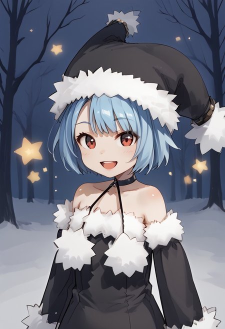1girl_Witch, blue hair,red eyes,solo,fur-trimmed sleeves, hat, pantyhose, fur-trimmed black dress, fur-trimmed black clothes, fur-trimmed black headwear, fur-trimmed boots , black footwear, bare shoulders, pom pom \(clothes\), choker, detached sleeves,standing,smile,open mouth,((close-up face)),Night forest, 🎃,Halloween, 🎃, night festival,,🔥,