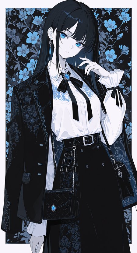 masterpiece, best quality, good quality, very awa, newest, highres, absurdres, 1girl, solo, long hair, looking at viewer, blue eyes, shirt, skirt, black hair, long sleeves, bow, ribbon, closed mouth, jewelry, standing, jacket, white shirt, cowboy shot, earrings, collared shirt, belt, hand up, black skirt, bag, english text, black jacket, head tilt, black bow, neck ribbon, black ribbon, border, frilled sleeves, brooch, black belt, outside border, single earring, shoulder bag, shirt tucked in, handbag, jacket on shoulders, floral background, black bag, embroidery, limited palette, <lora:illustriousXL_stabilizer_v1.23:0.3> <lora:NOOB_vp1_detailer_by_volnovik_v1:0.3> <lora:ponyv6_noobE11_2_adamW-000017:0.3> <lora:114558v4df2fsdf5:0.6> <lora:XXX667:0.4> <lora:mon_monmon2133:0.5>