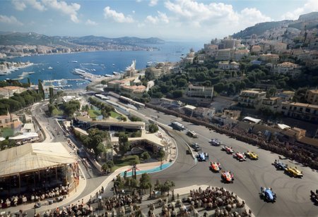 ,Monaco 1940s,Grand Prix,racing cars, one in front, cars behind blurred, all cars kept within frame, ((((aerial view,))), 
frame of picture,racetrack,outdoors,
sky blue,day,motion blur to wheels, some dust, keep cars perspective,
facing forward, close race, one driver per car, reflection in helmet visas,
cloud,tree,blue sky,_p_style, all with drivers, racing drivers, drivers heads all facing forwards, all wearing helmets,red car, blue car, yellow car, green car,ferrari,text MONACO on barriers, well drawn numbers on cars<lora:VintagePPXL:1>, (masterpiece, best quality, ultra-detailed, best shadow), high contrast, (best illumination), ((cinematic light)), colourful, hyper detail, dramatic light, intricate details, ultra detailed artistic photography, backlit, shadows, ultra high definition, 8k, ultra sharp focus, ultra high quality, soft lighting, film photography, analogue photography, hyperrealism,