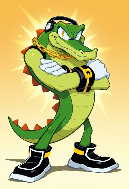 1boy, solo, VectorTheCrocodile, 1boy, green scaly body, yellow eyes, sharp teeth, black headset, gold chain around neck, black wrist cuffs, sleek black shoes, red triangular spikes along body and tail, white gloves, big eyes, expressive eyes, toony eyes, smile, closed mouth, crossed arms, solo, full body, standing, high quality, detailed, digital art, simple background, masterpiece, silly, wacky, ((amazing shading)), western animation style