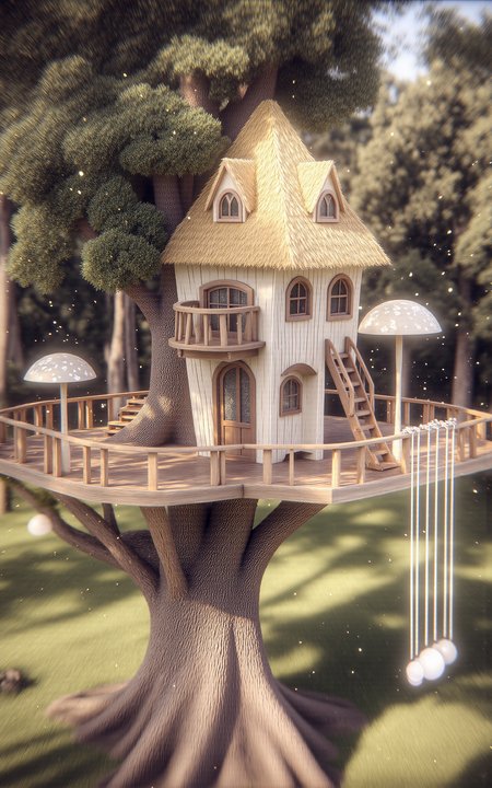 A whimsical treehouse built into the trunk and branches of a massive ancient tree,surrounded by an enchanted glowing forest. Golden sunlight filters through the dense canopy,casting soft light beams and floating golden dust particles through the air. The treehouse features fantasy architecture: glowing mushrooms,stained glass windows,vine-covered wooden beams,and delicate balconies. Full panoramic wide-angle view showing the treehouse nestled within the magical forest,dreamy and luminous daytime atmosphere,<lora:aidmaMJ6.1_v0.5_3:0.6>,aidmaMJ6.1,<lora:detailifier_sd3.5:1>,detailifier,