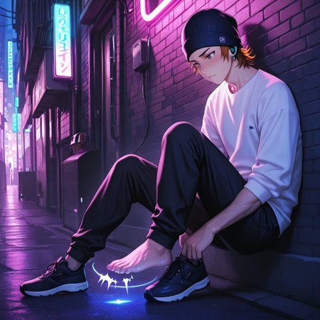 masterpiece, best quality, amazing quality, absurdres, newest, detailed background, definition so sharp, Ultra-HD, 8K cinematic, very awa, impressionate, amazing quality, highres, 
solo, male focus, manly, 
1boy, short hair, beanie, headphone, misaki_orange hair, misaki_brown eyes, misakiyata, casual streetwear, graphic t-shirt, city alley, vibrant lighting, neon glow, upbeat, cool, rhythmic, youthful spirit, leaning against wall, tapping foot, listening to music,