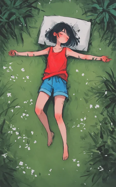 masterpiece, best quality, amazing quality, 1girl, solo, short hair, shirt, black hair, closed eyes, flower, outdoors, lying, shorts, sleeveless, barefoot, on back, pillow, sleeveless shirt, from above, grass, sleeping, plant, outstretched arms, red shirt, scenery, blue shorts, wide shot, field, Karinami Inkblush mode,thick ink outlines,soft marker gradients,era 2020s indie illustration,(Inkblush style:1.2),
watercolor, <lora:noobai_ep11_stabilizer_v0.138_fp16:0.3> <lora:XXX667:0.6> <lora:96YOTTEA-WAI:0.6> <lora:wodder:0.7> <lora:Karinami_Inkblush_mode_Illustrious_clean:0.5>