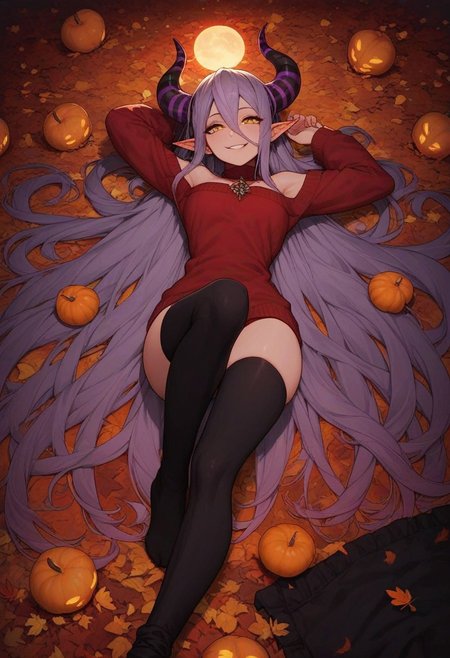 score_9, score_8_up, score_7_up, score_6_up, 
1girl, 25 years old, perfect face, looking at viewer, adult, sexy,
yellow eyes,
demon girl, demon horns, huge horns, striped horns, black horns, purple horns, pointy ears, 
multicolored hair, streaked hair, grey hair, purple hair, long hair, very long hair, hair between eyes, 
red sweater, oversized_clothes, bare shoulders, bottomless, black thighhighs, 
autumn, autumn leaves, 
night, glowing pumpkins, full moon, 
on back, on floor, lying, arms up, seductive smile,