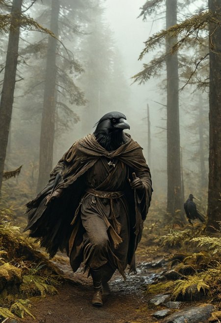 (masterpiece,best quality,ultra_detailed,highres,absurdres:1.2), DnD_Grainyboyz, 
BREAK
highly detailed photo of black corvidfolk running through forest, (dynamic pose:1.2), (fast running:1.3), motion blur, wearing brown robe, moody forest,
detailed background, (ancient dence forest:1.2), rocks, fog, (dramatic light:1.25)
<lora:neg4all_bdsqlsz_xl_V9:2><lora:dynposes3870:0.8>