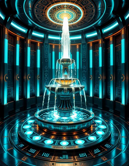 The center of a high-tech, alien temple-laboratory, where dark metallic walls shimmer under the glow of cyan vertical light tubes and faint sacred runes. In the middle of the chamber lies an elaborate biomechanical fountain, rising like an altar from a circular platform of engraved metal. The fountain pulses with iridescent liquid light, flowing in gravity-defying streams that spiral upward before cascading back into a glowing basin etched with ritual patterns. Bioluminescent veins run through the structure, illuminating the surrounding floor like circuitry. Overhead, a radiant, halo-like design casts a celestial glow, enhancing the surreal, sanctified atmosphere. The space exudes a fusion of sacred ceremony and alien technology, as if the fountain were a source of divine power worshipped by another world.
<lora:high-tech_alien_temple_f0unt41n:1>,high-tech alien temple f0unt41n,<lora:SDXLFaeTastic2400:0.4> <lora:extremely_detailed:0.4> extremely detailed, Masterpiece,best quality,hi res,8k,hi res,8k,award winning,(sharp focus, intricate, highly detailed),
