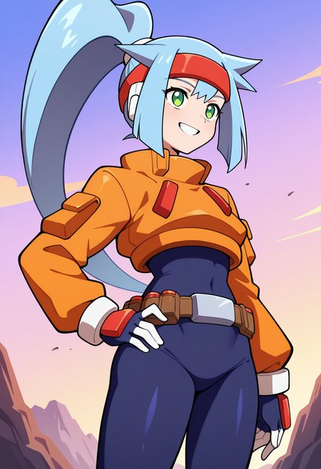 1girl, solo, ashemmzxa, blue hair, long hair, high ponytail, headband, green eyes, robot ears, bodysuit, crop top, long sleeves, white bracelet, belt, cowboy shot, outdoors, metal platform, sky, smile, teeth.hand on hip,