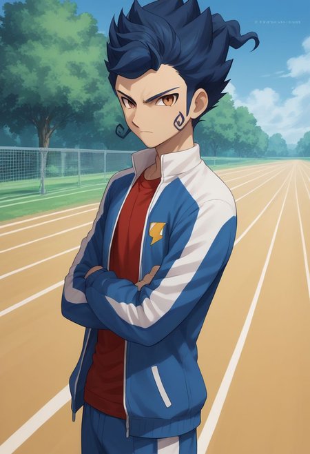 score_9, score_8_up, score_7_up, source_anime, highly detailed, 1boy, solo, male_focus, slender, skinny
tsurugi2, 1boy, blue hair, male focus, jacket, crossed arms, open jacket, track jacket, open clothes, brown eyes, sportswear,
outdoor,