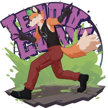 1 male, solo, jaxorn, anthro fox , light blush, purple graffiti, possum skull graffiti, on the ground, green paint smoke,  genshinsplash, white background, splash art, smiling, black tank top, black snickers,  red leather pants, genshin impact dendro vision, full body, paint spray on the floor, holding one paint spray , many music notes around in the background, pointing to the sky with one hand, full body, BREAK, high quality, best quality, newest, furry male, side view , looking at viewer
