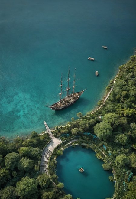 aerial landscape view, In the background, a towering old sailing ship with turquoise sails adds a sense of adventure and timelessness to the scene., female Atlas, Explore the somber tones and bleak atmosphere in your depiction, dark art by an ancient artist, subtle lighting, black atmosphere, capturing the magnificence of the Hanging Gardens of Babylon The image showcases the immense, lush terraces with cascading steps around a vibrant crystal turqoise and deep blue tiled swimming lake inviting to take a bath, lavishly adorned with marble and crafted from the finest stones. The pastel-hued tiled steps are teeming with exotic plants, creating a vibrant and verdant paradise. Birds flit gracefully among the foliage, adding to the enchanting ambiance of this ancient marvel