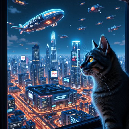 extreme close up portrait of a cat's eye reflecting the view outside the window the cat is looking out of,  the cat is looking out of over a futuristic Tokyo skyline at night from a very high level, the skyline is with futuristic skyscrapers and futuristic transports and futuristic aircraft and spaceships in a variety shapes and sizes, the airships covered with lights and advertisements in Japanese,  reflecting in the cat's eye is a huge airship that has an advertisement with a Japanese cat on the side,
