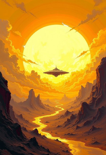 DB4RZ style painting Fantasy world, fantasy style，ggg， paining, spacestation silhouette passing in front of a giant sun, close up of the sun, sun covering the entire image, bright, light, white and yellow, intense light official art,highest detailed,,atmospheric lighting, cinematic composition,complex multiple subjects, 4k HDRvaporwave style , , cyberpunk, vibrant, neon colors, ,