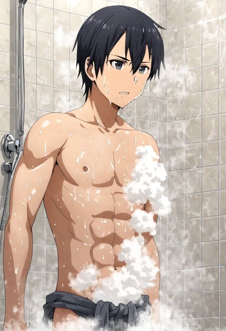 high resolution, solo, best quality, 1Boy, Kazuto Kirigaya, Black Hair, Black Eyes, shower, bathroom, hot steam, soap foam, shirtless, sixpack, OverallDetail