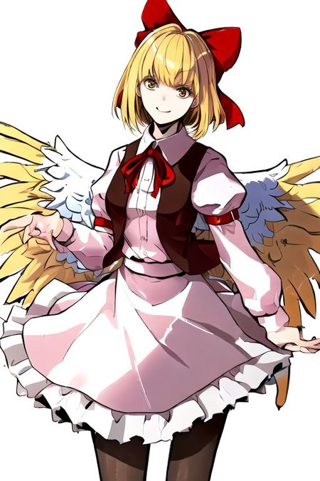 solo_focus, 1girl, ((white background, simple background)):2, (((masterpiece))), ((best quality)), ((ultra-detailed)), high resolution, absurdres, highres, ultra-detailed 8k unity wallpaper, 
solo, 1girl, gengetsu, 
arcueid_\(tsukihime\), 
solo, 1girl, smile, short_hair, shirt, breasts, blonde_hair, bow, long_sleeves, skirt, ribbon, dress, yellow_eyes, hair_bow, thighs, collared_shirt, red_bow, wings, vest, bowtie, black_pantyhose, red_vest, pink_shirt, red_bowtie, feathered_wings, pink_dress, open_vest, white_shirt_white_skirt, white_shoes, blonde_short_hair, red_head_bow_ribbon, one_piece_head_bow_ribbon, bow_ribbon, white_angel_wings, white_drees, brown_vest, wear_outside, twin_wings,