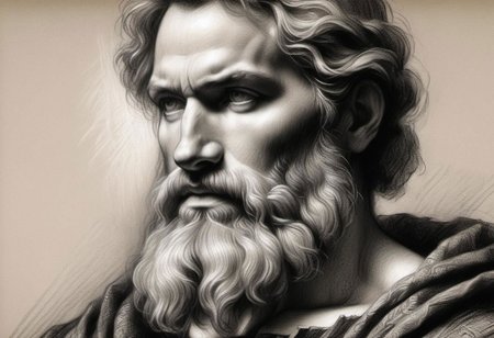 (masterpiece), 
Black and white Renaissance drawing of a mid-age bearded man,
Black and white tones,
HDR, highly detailed, 32k, 
looking at viewer, Style-Renaissance