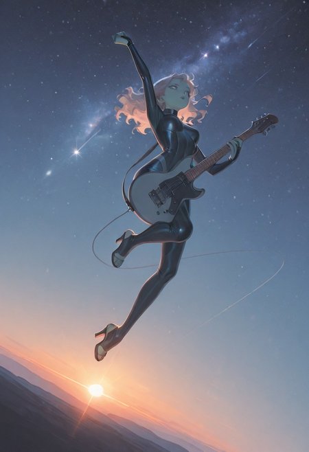 dynamic lighting, lineless, masterpiece, detailed eyes, high quality, best quality, highres, muted colors, pencil lines, very awa, masterpiece, best quality, absurdres, highres, year 2024, newest, very Aesthetic,ultradetailed,
1girl, alien girl, green skin, playing guitar, electric guitar between thighs, arm raised, one knee raised, fist in air, red wavy hair, skin tight silver toeless open-heel bodysuit, jumping, floating, flying, full body, from below, low angle view, ((dutch angle,))
outer space, stars, galaxy, meterorites, atmosphere, sunrise,