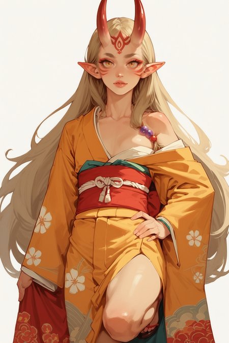 1girl, horns, solo, blonde hair, yellow kimono, long hair, yellow eyes, japanese clothes, kimono, oni, tattoo, facial mark, looking at viewer, pointy ears, hand on own hip, standing on one leg, standing, off shoulder, bare shoulders, wide sleeves, very long hair, beads, forehead mark, sash, prayer beads, floral print, sharp short kimono, leg up, collarbone, small breasts, long sleeves, ibaraki douji (fate),, zPDXL3, detailxl,  Score_PnyReal, (lineless:1.5)