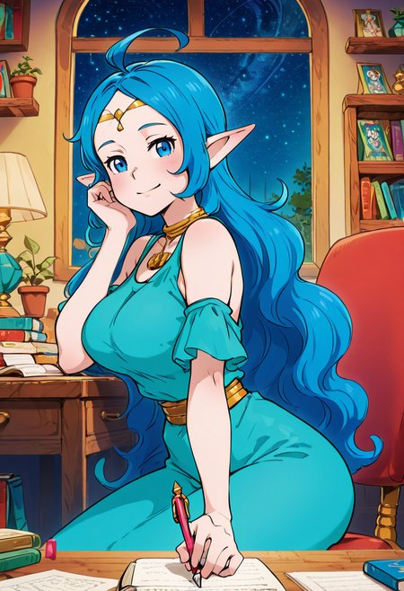 masterpiece, best quality, solo, curvy, beautiful eyes, narrow waist, wide hips, 1girl, solo, smile, looking at viewer, foreshortening, close up, anime screenshot,    zzNayru, blue eyes, blue hair, bare shoulders, jewelry, very long hair, blue dress, elf, circlet, large breasts, ,<lora:NayruZelda_IXL_v2:1.0>,, zzLofi, sitting, side view, desk, chair, book, bookshelf, head rest, holding, holding pen, lamp, night, open book, pen, plant, potted plant, sky, star (sky), starry sky, window, windowsill, writing, <lora:LofiGirl_Style_IXL:0.8>,