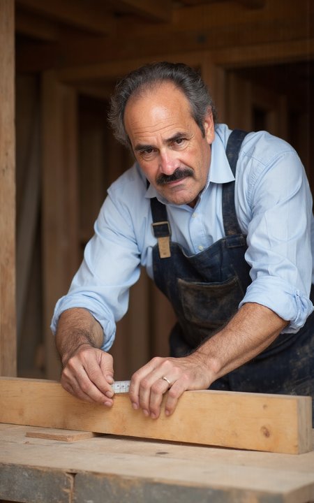 YFG-Th3Dud3 a handy 57-year-old carpenter, rolled-up sleeves revealing strong forearms, carefully measuring a wooden beam
