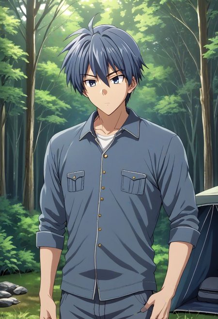 high resolution, solo, best quality, 1Boy, Tomoya Okazaki, Grey Blue Hair, forest, camping, OverallDetail