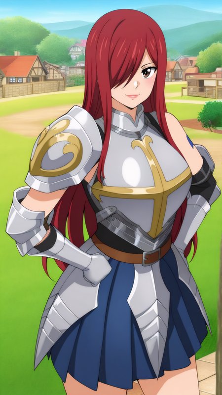masterpiece, best quality, very aesthetic, absurdres, BREAK, 1girl, looking at viewer, cowboy shot,
<lora:Heart_Kreuz_100YearsQuest_Illu_Dwnsty:0.8>, erz_hk100yearsq, brown eyes, red hair, long hair, hair over one eye, tattoo, breastplate, armor, blue skirt, pleated skirt, belt, shoulder armor, armored dress, knee boots, black footwear, 
large breasts, lips, light smile, hands on own hips, 
outdoors, village, nature, grass, scenery,