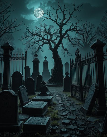 A dark and eerie cemetery shrouded in mist, with ancient, weathered tombstones covered in moss. The scene is dimly lit by a pale, ghostly moonlight filtering through twisted, leafless trees. Cracked stone pathways lead through the graveyard, partially hidden by overgrown grass and creeping ivy. A few old, gothic-style mausoleums stand in the background, their iron gates slightly ajar, adding to the mysterious and haunting atmosphere. Wisps of fog swirl around the gravestones, enhancing the eerie mood. The overall color palette consists of deep blues, grays, and muted greens, creating a cold and unsettling ambiance. The image is highly detailed and photorealistic, capturing the textures of the aged stone, the fogâs movement, and the ominous shadows stretching across the ground. 
<lora:SDXLFaeTastic2400:0.4> <lora:extremely_detailed:0.4> extremely detailed,<lora:33r13_c3m3t3ry-ill:1>,33r13 c3m3t3ry, Masterpiece,best quality,hi res,8k,hi res,8k,award winning,(sharp focus, intricate, highly detailed),