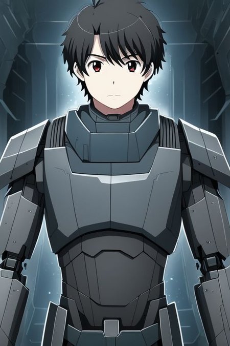 high resolution, solo, best quality, 1Boy, Portrait, Inaho Kaizuka, Black Hair, standing in front of the robot, mecha style,