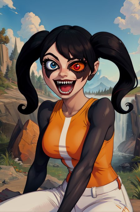 orendi, heterochromia, black hair, twintails,  black eye, red eye, 
orange and white shirt, , sleeveless, orange and white pants, dark arms,  black arms,  
black elbow gloves,  open mouth,  sharp teeth, 
smile, teeth, 
upper body,  upper body, sitting, 
outdoors,  cave, 
(insanely detailed, beautiful detailed face, masterpiece, best quality)
 <lora:orendi-10:0.9>