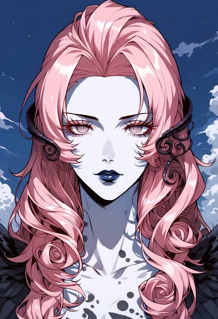 1girl, full body lilithsmtvv, pink hair, long hair, hair ornament, pink eyes, colored skin, lipstick, makeup, black wings, full-body tattoo, yellow field, dark deep blue sky, evening. upper body shot, closeup, portrait, sky, clouds, blacklight, dappled light,dappled sunlight  <lora:sxz-Slavic-Fantasy-pdxl:0.75>, BREAK, score_8_up, score_7_up, Expressiveh, slavic,kanekostyle, lipstick, eye shadow, eyelashes