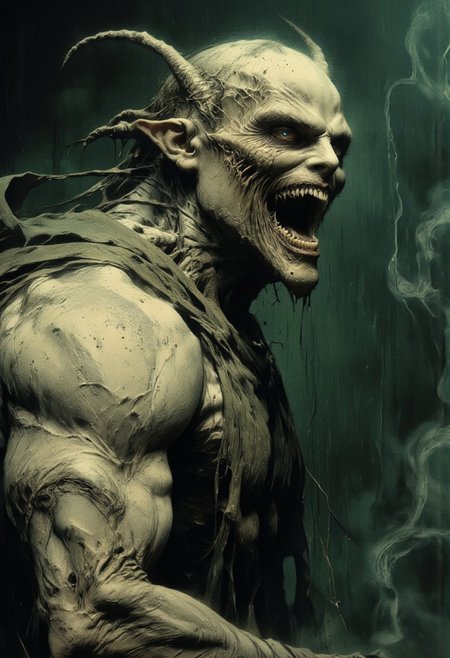 photographic illustration, dark fantasy, high quality, creature with long, pointed ears, sharp teeth, open mouth screaming, grotesque, pale skin, muscular build, hooded cloak, eerie atmosphere, smoky background, dramatic lighting, close-up, side profile, horror theme, detailed textures, wet skin, grim expression, supernatural, haunting, low-key lighting, cinematic feel, moody, intense, unsettling, horror movie still, creature looks like a demon or monster, dark green background, mysterious, unsettling, high contrast, very high aesthetic quality
