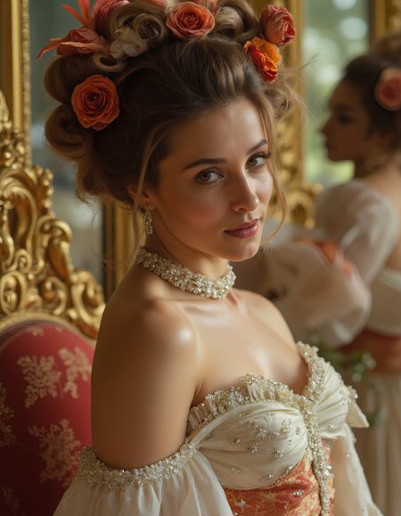 Create an image of a magical woman from the Rococo era, radiating elegance and grace. She is surrounded by luxury, with gilded mirrors, exquisite furniture, and rich fabrics that create an atmosphere of opulence. Her voluminous hair is styled in an intricate updo, adorned with vibrant flowers and delicate feathers that give her a playful appearance.
Her gown, made of fine silk, hugs her graceful figure, accentuating every curve and line. In her eyes sparkles a sense of playfulness and mystery, while a soft smile adds to her unique charm. She moves with fluidity, as if dancing to the music of time, leaving behind a light trail of floral fragrance.
Immerse yourself in the world of luxury and sophistication of the Rococo era, where every detail, from jewelry to decor, reflects refinement and artistic taste. This beautiful woman embodies the spirit and aesthetics of this enchanting time, inviting you on a journey through a magical realm filled with beauty and inspiration.,BelleBertier, small chest