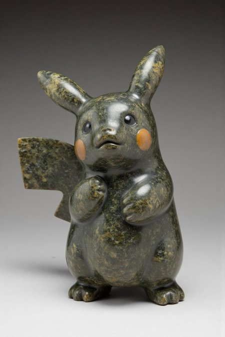 sculpture of Pikachu Crying carved in mottled dark grey stone <lora:inuit_cap_d6a3e12:1.0><lora:821725834982361506:0>