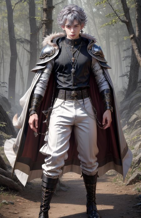 8k,  ((masterpiece)).((best quality:1.2)),  sharp focus, full body, head to toe, 1 young man, 22 years old, youthful appearance, male focus, dynamic pose,  silver colored hair, curly hair, EYESHD,  small testicle bulge, Nora outfit fur accents, Nora outfit bead necklaces, Nora outfit pants, Nora outfit hip quiver, Nora outfit leg guards, Nora outfit arm braces, Nora outfit belt with pouches, and Nora outfit fur boots,   defined body, thin waist, looking at camera, armor,  detailed background a wooded clearing, a pet wolf standing nest to him,(absurdres) , <lora:more_details:0.5>, <lora:wrenchftmfshn>,<lora:add-detailxl:0.8>, <lora:Eyes_High_Definition-000007>, , <lora:lightup_brightness_v200:1>, <lora:Nora:1>