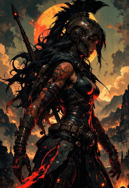 in the style of ck-mgs, nistyle, Inkplash art on rice paper, sepia, henna, Silhouette Art, magnificent, inksplash, closeup portrait, female spartan warrior, goddess of destruction, large breasts, toned arms, flowing black hair, reflective black and neon red armor, armor, large breasts, holding a spear, abstract background suggesting a mountain top, overlooking a village in a valley, midnight atmosphere, moonlight, moon rays, night, Cowboy Shot, close up,