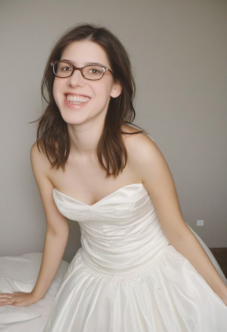 realistic photo of Beautiful young woman, perfect medium perky natural breasts, 2009 style, low rise, low contrast style, 8mm film, analog photography style, long brown hair, sharp facial features,thick nerdy glasses, pale white skin, , influencer, brown eyes, no makeup, instagram, detailed skin texture, detailed eyes, detailed face, slim, (small waist, wide hips, thick thighs:1.2), (sexy wedding dress:1.3), happy, smiling, juicy ass,