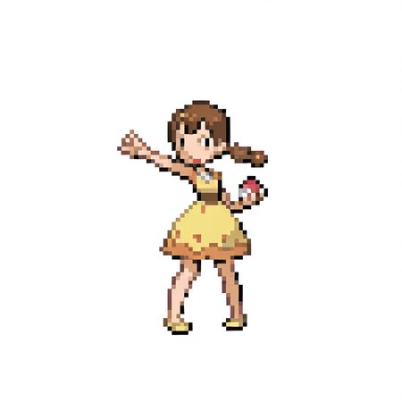 1girl, 
brown hair, twintails, dress, 
outstretched arm, holding poke ball