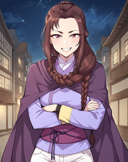 murong_geomhwa, brown hair, very long hair, braid, braided hair, hair around neck, brown eyes, long hair,  murim clothes, purple murim top, obi, white pants, cape BREAK  outdoors, city, night, starry sky, BREAK crossed arms, smile, grin, proud face, looking at viewer BREAK score_9, score_8_up, score_7_up, source_anime ,zPDXL,<lora:Murong_Geomhwa:0.8>