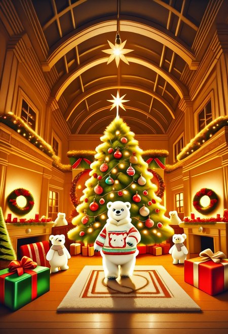 christmassweater, polar bear, (white bear:1.3), livingroom, colorful suit, cinematic, wide angle, ral-chrcrts, Christmas decorations, Christmas tree, fire place, bear wears sweater only, White only bear, bear only white.