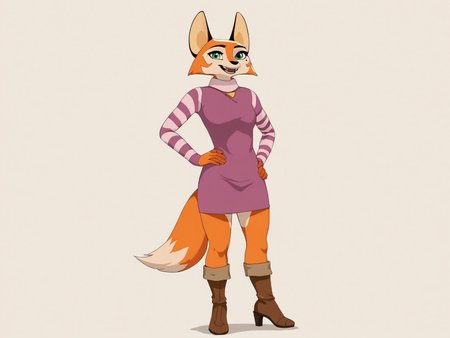 score_9,score_8,source_furry,
<1girl:1.5>,
<solo:1.5>,
fox girl, meika_rracer, meika_fox, 1girl, solo, hand on hip, tail, brown footwear, fox ears, animal ears, furry, fox tail, furry female, smile, open mouth, long sleeves, full body, standing, breasts, green eyes, looking at viewer, small breasts, happy, simple background, boots, teeth, fangs, sweater, orange fur, bangs, dress, retro artstyle, striped, body fur, animal nose, artist name, orange hair, yellow fur, high heels, safe, casual, casual clothes,
 <lora:Meika_Rimba_Racer_Pony_SDXL:1> meika_rracer