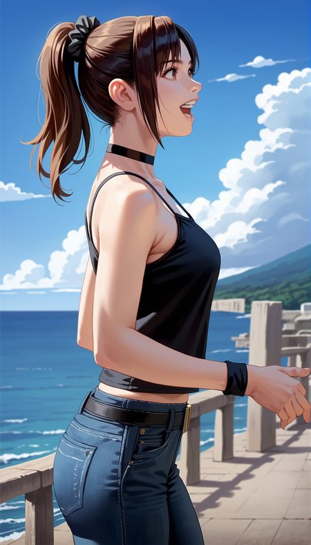 score_9,score_8_up,score_7_up,
<lora:miiyamotoHikari:0.7>,miiyamotohikari,
1girl, solo, black hair, bangs, ponytail, black scrunchie, brown eyes, looking to the side, happy, open mouth, teeth, camisole, black camisole, jeans, tight clothing, belt, choker, jewelry, black wristband, medium breasts, standing, from side, cowboy shot, 
outdoors,blue sky,sea,cloud,street,railings,distant large bridge,distant mountains,clear blue sky,soft clouds drifting,summer,beautiful landscape,vignetting,blurry background,