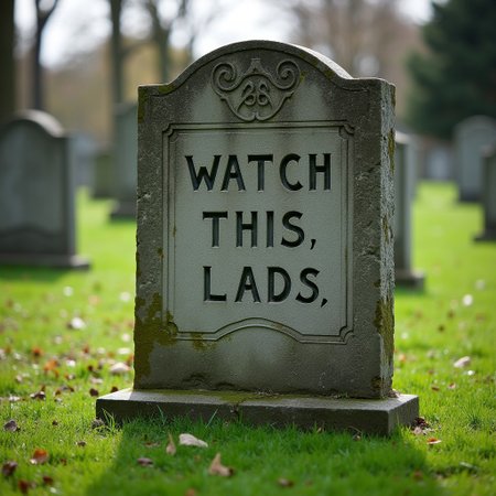An image of a gravestone in a graveyard, with the inscription "Watch This, Lads"